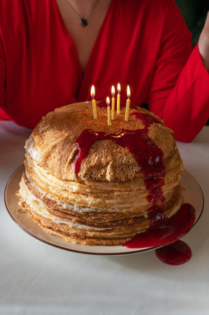 Pancakes with berries and sour creamの写真素材