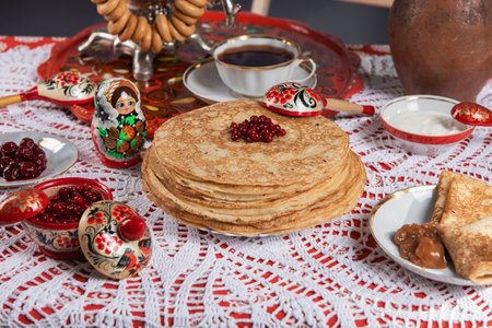 Russian pancake blini with berries and sour creamの写真素材