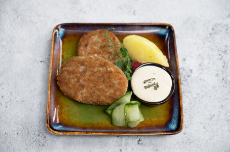 Ready-made food set: meat cutlet with potato puree and sauceの写真素材