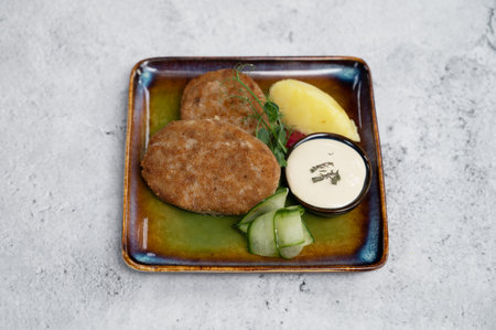 Ready-made food set: meat cutlet with potato puree and sauceの写真素材