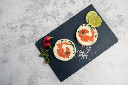 Salmon roll with mozzarellaの写真素材