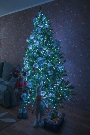 Close up of Christmas tree decorated with star-holidaysの写真素材