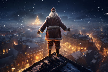 Santa Claus stands on the roof of an house on night city sceneの素材