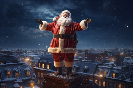 Santa Claus stands on the roof of an house on night city sceneの素材