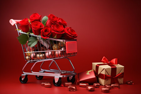 Shopping trolley with gift boxes, roses, chocolate on red backgroundの素材