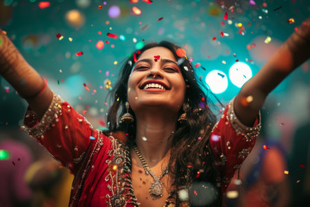 Happy Indian women portrait dancing on the streets in traditional dressesの素材