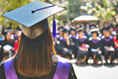 Rear view of university graduates wearing an academic gown and capの素材