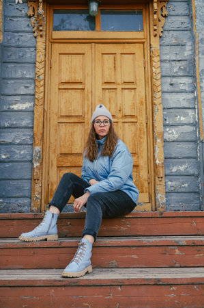 Portrait of a stylish woman in blue jacketの写真素材