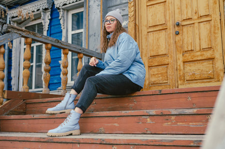 Portrait of a stylish woman in blue jacketの写真素材