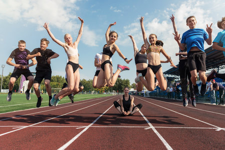 Female coach and group of jumping children at the stadium. School gyms trainings or athleticsの写真素材