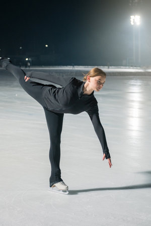 Beautiful young woman ice skating and performing she program over city outdoor ice arena. Winter activities conceptの写真素材