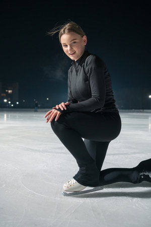 Beautiful young woman ice skating and performing she program over city outdoor ice arena. Winter activities conceptの写真素材