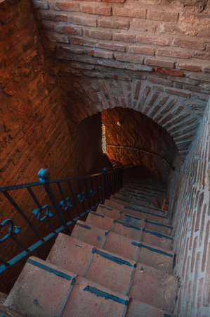Upper part of the historical Red Tower - Kizil Kule, in Alanya Castle. The Red Tower is the symbol of the Alanya city, and the famous touristic place.の写真素材