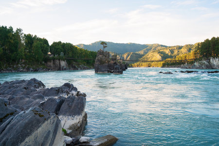 Fast mountain river Katun in Altay, Siberia, Russia. A popular tourist place called the Dragon's Teethの写真素材