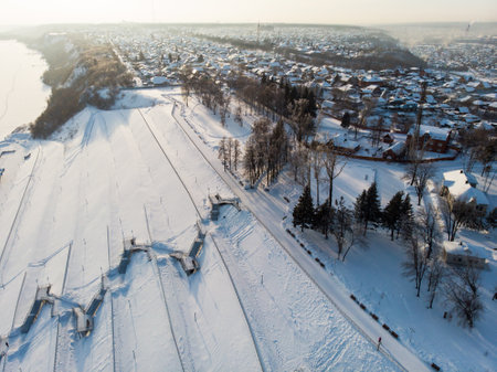 Aerial shot of winter sunny day in Barnaul, Siberia, Russiaの写真素材