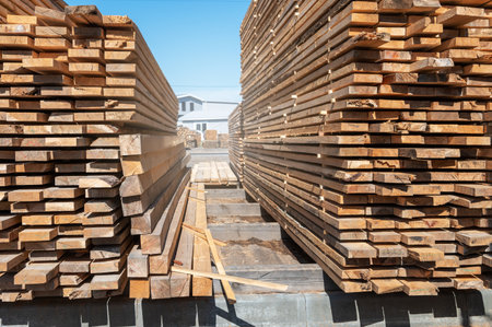 Stacked wooden planks close-up at lumber warehouse. Wood industry conceptの写真素材