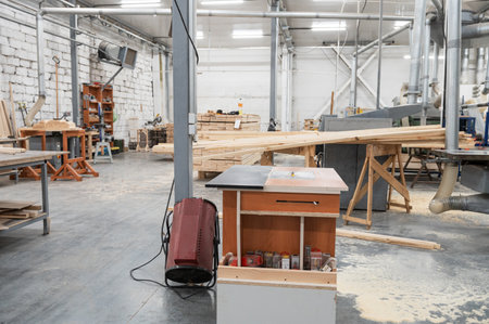 Furniture factory workshop with different wood items.の写真素材