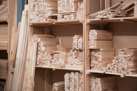 Furniture workshop with different wood items.の写真素材