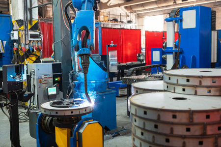 Automatic Industrial welding robot in a modern factory in operation.の写真素材