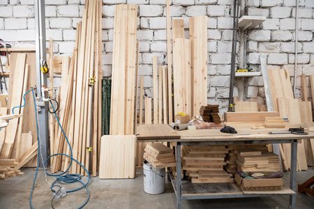 Furniture factory workshop with different wood items.