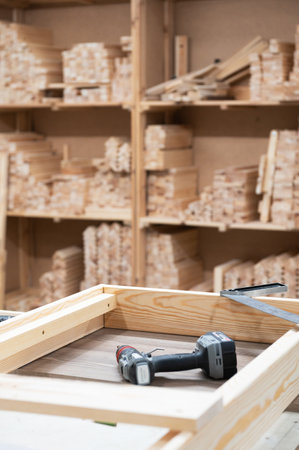 Furniture factory workshop with different wood items.の写真素材