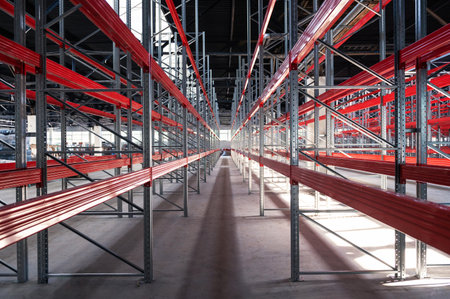 logistics warehouse concept with empty high pallet racks, shelving systemの写真素材