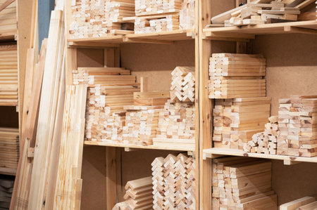 Furniture factory workshop with different wood items.の写真素材