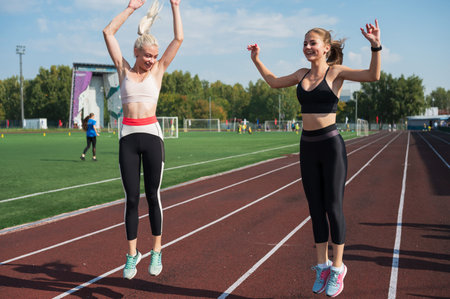 Two athlete young woman runnner at the stadium outdoorsの写真素材