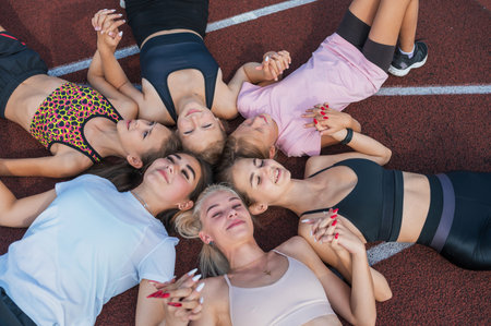 Group of tired and happy fit young girls resting on floor at stadiumの写真素材