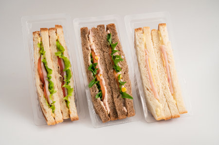 Three packaged sandwiches with white and whole wheat bread, filled with lettuce, tomatoes, turkey, cheese, ham and greens. Ideal for quick meals.の写真素材