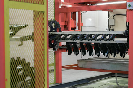 Close-up of a manufacturing machine producing gloves in an industrial factory, showcasing automation and production processes.の写真素材