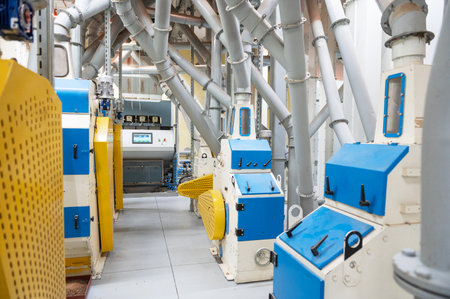 Roller deck machines for husking buckwheat grain, operating in a modern processing facility.の写真素材