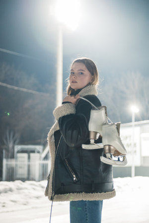 A young woman in black athletic wear stands outdoors at night, holding her ice skates.の写真素材