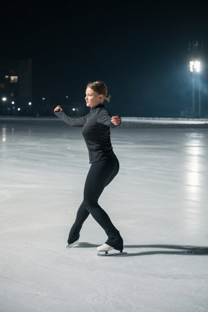 A young woman in black athletic wear gracefully ice skates on a lit outdoor rink at night, surrounded by soft lighting.の写真素材