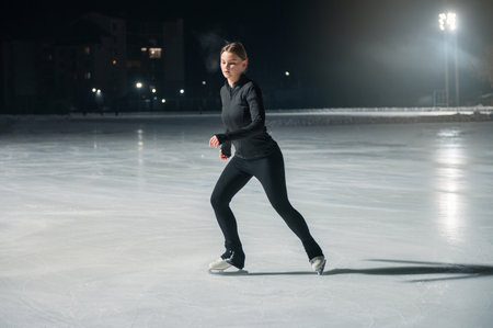 A young woman in black athletic wear gracefully ice skates on a lit outdoor rink at night, surrounded by soft lighting.の写真素材