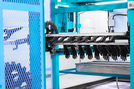 Close-up of a manufacturing machine producing gloves in an industrial factory, showcasing automation and production processes.の写真素材
