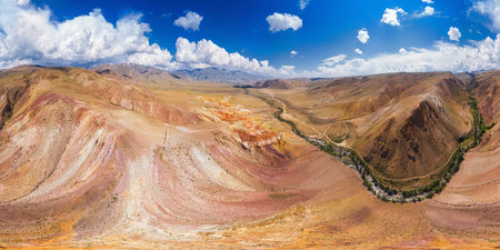 Full 360 equirectangular spherical panorama of eroded landform of Altai mountains. Nature landscape called Mars, Altai Republic, Russia, aerial drone shot, virtual reality content.の写真素材