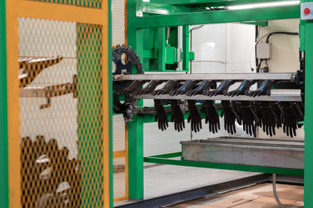 Close-up of a manufacturing machine producing gloves in an industrial factory, showcasing automation and production processes.の写真素材