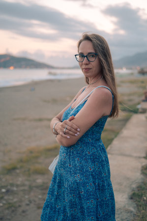 Woman on the beach at the sea in Alanya city, Turkey. Travelling or vacation conceptの写真素材