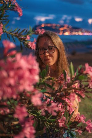 Woman on the night beach at the sea in Alanya city, Turkey.の写真素材