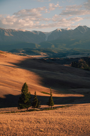 A breathtaking sunset over a rugged mountain landscape, casting warm golden light across hills, trees, and rocky terrain.の写真素材