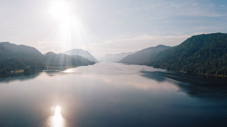 Aerial summer landscape of Lake Teletskoye in Altai Mountainsの写真素材