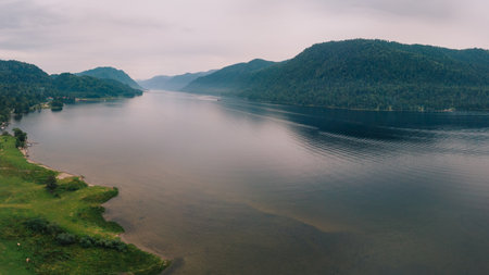 Aerial summer landscape of Lake Teletskoye in Altai Mountainsの写真素材