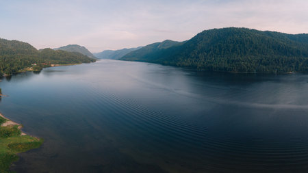 Aerial summer landscape of Lake Teletskoye in Altai Mountainsの写真素材