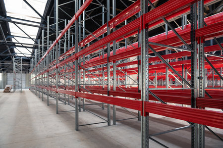 Logistics warehouse concept with empty high pallet racks, shelving systemの写真素材