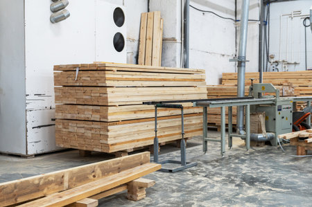 Furniture factory workshop with different wood items.の写真素材