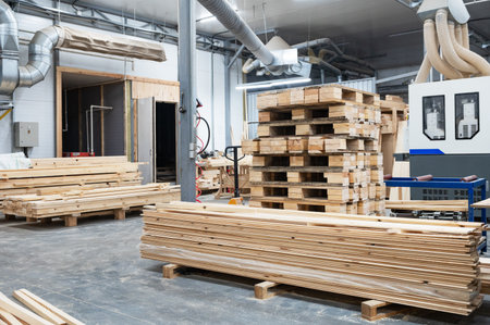 Furniture factory workshop with different wood items.の写真素材