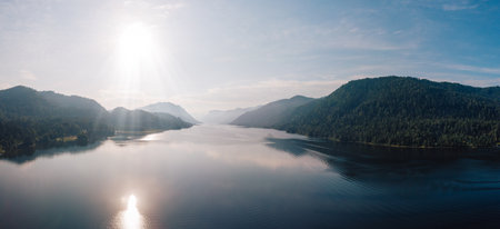 Aerial summer landscape of Lake Teletskoye in Altai Mountainsの写真素材