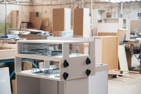 Woodworking workshop with various tools, furniture parts on foregroundの写真素材