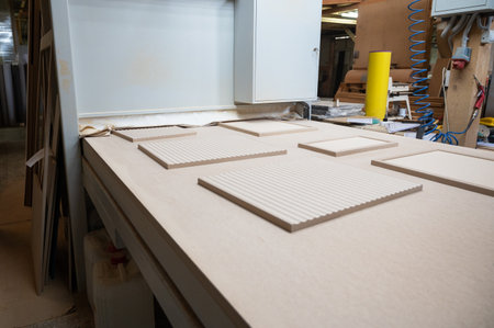 Grinding of wooden furniture panels on a machine. Furniture production conceptの写真素材